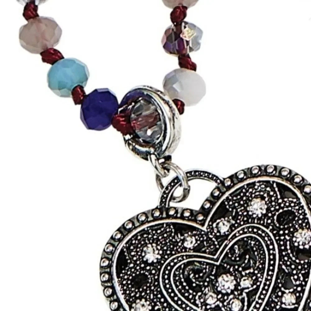 Silver Heart Pendant Necklace with Multicolor Beads
